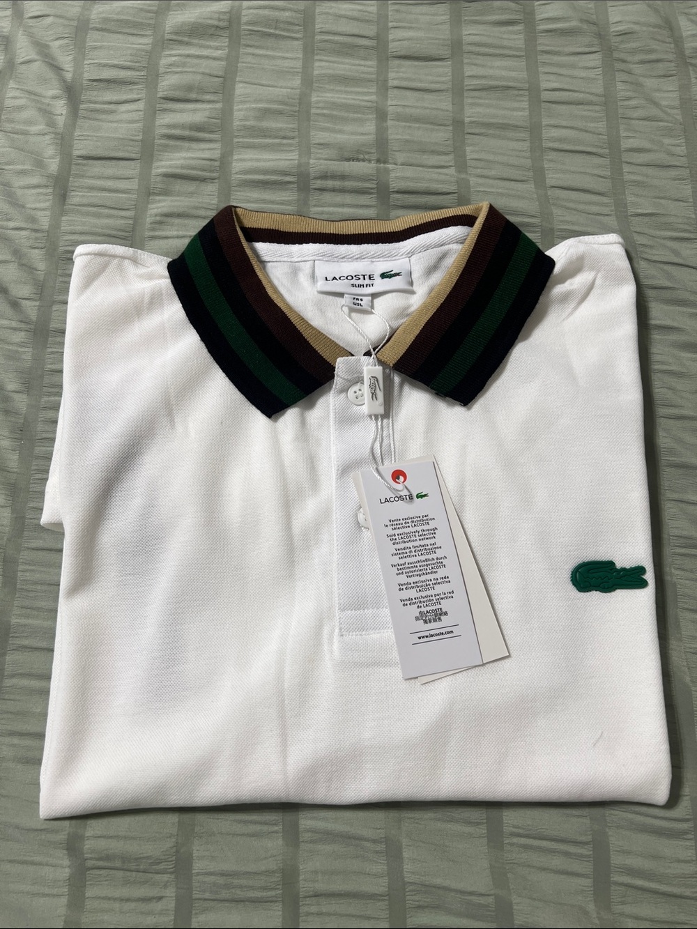 Lacoste White Polo with Green Croc and Multicolor Striped Collar